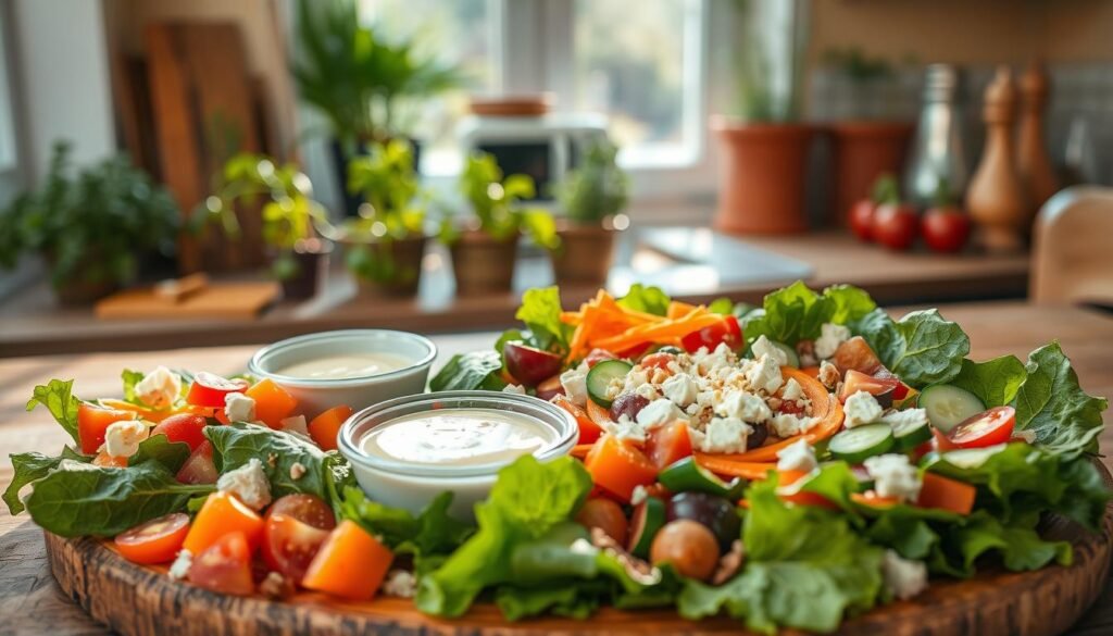 A beautifully arranged customize salad on a rustic wooden table, showcasing an array of colorful fresh ingredients. In the foreground, vibrant greens like romaine and spinach are topped with diced tomatoes, shredded carrots, sliced cucumbers, and a sprinkle of feta cheese. A small bowl of creamy dressing sits beside it, along with a selection of toppings, such as croutons and nuts. In the middle of the scene, delicate sunlight streams in from a nearby window, casting soft shadows and highlighting the textures of the vegetables. The background features a cozy, inviting kitchen ambiance with herbs in pots and a warm color palette, creating a fresh and healthy atmosphere. The angle is slightly top-down to capture the full beauty of this customizable salad feast.