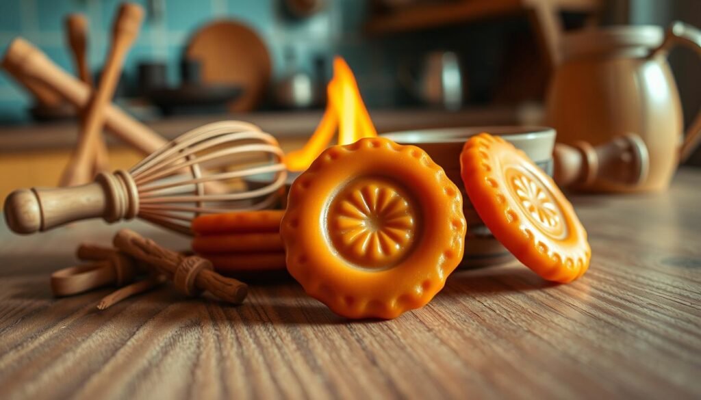 A beautifully arranged dalgona candy centerpiece, featuring its iconic shape resembling a thin biscuit with a delicate, engraved design in the center. In the foreground, focus on the caramel-brown candy, glistening under soft, warm lighting, highlighting its glossy texture. Surrounding the candy, a set of traditional tools used for making dalgona, such as a whisk and a small fire, adding authenticity to the scene. In the middle ground, a textured wooden table adds warmth to the setting. The background features a subtle blur of a cozy kitchen environment, evoking a nostalgic yet vibrant atmosphere, reminiscent of a fun culinary challenge. Capture the image from a slightly elevated angle to showcase the intricate details of the candy while inviting viewers into the scene. The mood should feel playful and inviting, encouraging an exploration of this sweet treat.