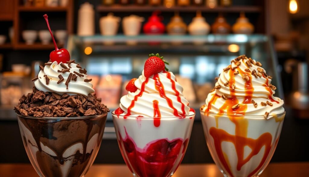 A beautifully arranged display of decadent sundaes in an inviting context. In the foreground, three colorful sundaes are prominently featured: one with rich chocolate ice cream topped with whipped cream, chocolate shavings, and a cherry; another with vibrant strawberry ice cream drizzled with strawberry sauce and sprinkled with fresh berries; and the third with classic vanilla ice cream adorned with caramel sauce and crunchy nuts. The middle ground showcases a softly blurred dessert counter filled with a variety of toppings like sprinkles, nuts, and syrups. In the background, a cozy café setting featuring warm, ambient lighting enhances the indulgent atmosphere. The angle is slightly elevated to capture the layers and textures of the sundaes while maintaining a warm and enticing mood, inviting viewers to indulge.