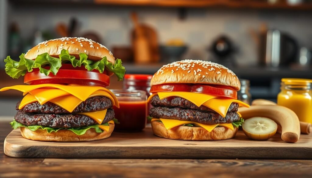 A beautifully arranged display of double cheeseburger ingredients on a rustic wooden table. In the foreground, large, juicy beef patties are stacked with melted cheese, draped in golden-yellow slices, alongside crisp lettuce, ripe tomato slices, and tangy pickles. A sesame seed burger bun is slightly open, showing the tempting layers inside. In the middle ground, soft condiments like ketchup and mustard are artfully placed within small jars. The background features a blurred kitchen setting, softly illuminated by warm, ambient lighting to create a cozy atmosphere. The angle captures a slightly elevated view, highlighting the textures and colors of the ingredients, evoking a sense of indulgence and culinary delight. A beautifully arranged display of double cheeseburger ingredients on a rustic wooden table. In the foreground, large, juicy beef patties are stacked with melted cheese, draped in golden-yellow slices, alongside crisp lettuce, ripe tomato slices, and tangy pickles. A sesame seed burger bun is slightly open, showing the tempting layers inside. In the middle ground, soft condiments like ketchup and mustard are artfully placed within small jars. The background features a blurred kitchen setting, softly illuminated by warm, ambient lighting to create a cozy atmosphere. The angle captures a slightly elevated view, highlighting the textures and colors of the ingredients, evoking a sense of indulgence and culinary delight.