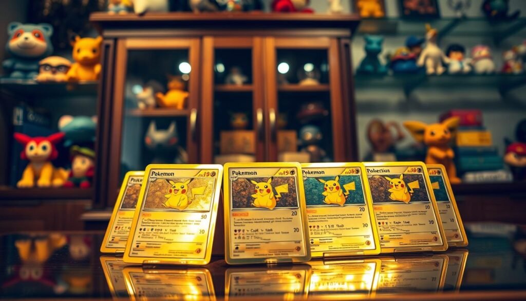 A beautifully arranged display of gold-plated Pokémon cards, showcasing their gleaming surfaces reflecting light. In the foreground, a few vintage cards with distinctive Pokémon characters like Pikachu and Charizard, prominently featuring their golden sheen. The middle layer includes a stylish wooden display case with glass doors, hinting at careful preservation. Soft, warm lighting highlights the shiny gold and creates a nostalgic atmosphere. In the background, a blurred shelf filled with related memorabilia like plush toys and figurines, enhancing the collection theme. Capture this scene from a three-quarter angle to provide depth and context, evoking a sense of pride in a cherished collection. The overall mood should blend nostalgia with elegance, emphasizing the importance of preservation.
