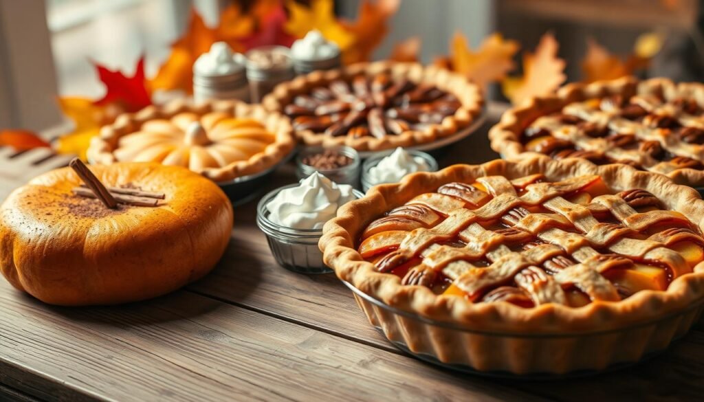 A beautifully arranged display of seasonal pies on a rustic wooden table, showcasing a variety of baked goods. In the foreground, a golden-brown pumpkin pie with perfectly crimped edges, garnished with a sprinkle of cinnamon, sits next to a rich apple pie with a lattice crust revealing succulent apple slices. The middle ground features a pecan pie glistening with caramel, surrounded by small, decorative jars of whipped cream and spices. The background includes soft-focus autumn leaves and gentle, warm lighting that creates a cozy atmosphere, reminiscent of a welcoming bakery in fall. Captured from a slight overhead angle, this image radiates warmth, inviting viewers to indulge in the seasonal delights.