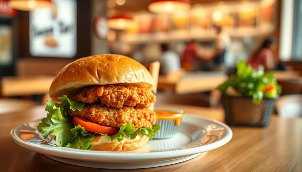 A beautifully arranged plate featuring a royal crispy chicken sandwich as the main focus in the foreground, with the chicken fillet golden-brown and perfectly crispy, garnished with fresh lettuce and sliced tomatoes peeking out from the brioche bun. In the middle ground, include a small bowl of zesty dipping sauce, possibly a spicy mayo, enhancing the allure of the dish. The background should be a blurred restaurant interior, evoking a cozy fast-food atmosphere, with warm lighting that creates a welcoming glow. Capture the scene from a slightly elevated angle, resembling a top-down view, to highlight the sandwich's texture and details. The overall mood is inviting and appetizing, perfect for food enthusiasts. A beautifully arranged plate featuring a royal crispy chicken sandwich as the main focus in the foreground, with the chicken fillet golden-brown and perfectly crispy, garnished with fresh lettuce and sliced tomatoes peeking out from the brioche bun. In the middle ground, include a small bowl of zesty dipping sauce, possibly a spicy mayo, enhancing the allure of the dish. The background should be a blurred restaurant interior, evoking a cozy fast-food atmosphere, with warm lighting that creates a welcoming glow. Capture the scene from a slightly elevated angle, resembling a top-down view, to highlight the sandwich's texture and details. The overall mood is inviting and appetizing, perfect for food enthusiasts.