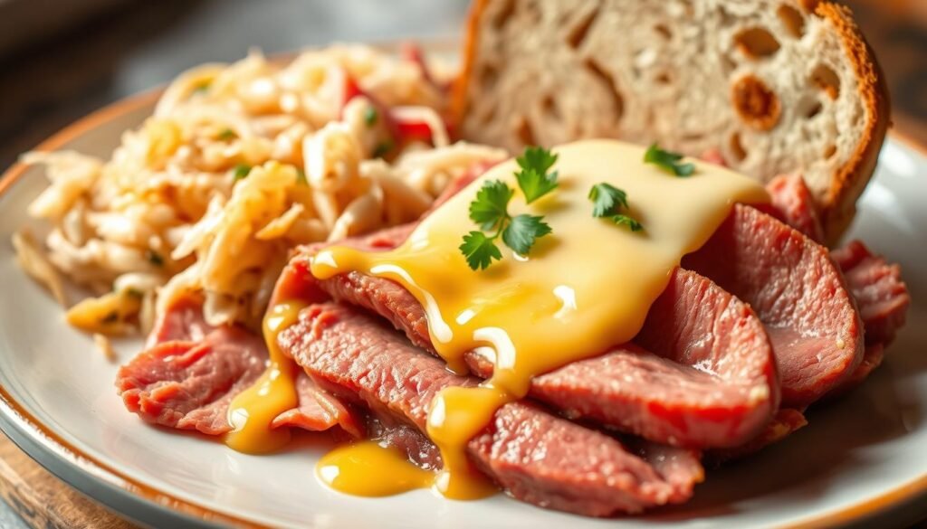 A beautifully arranged plate featuring succulent slices of corned beef, glistening with a light coat of mustard, positioned prominently in the foreground. The beef is tender and juicy, set against a backdrop of a freshly baked rye bread, with its marbled texture visible beside it. In the middle ground, a side of tangy sauerkraut adds a burst of color, while melted Swiss cheese oozes over the corned beef, enhancing the dish's appeal. A sprinkle of freshly chopped parsley adds a pop of green for contrast. The lighting is warm and inviting, casting soft shadows that enhance the textures of the ingredients. The angle captures the depth of the plate, inviting the viewer to savor the melt-in-your-mouth goodness of this classic sandwich component, creating an atmosphere of delicious indulgence.