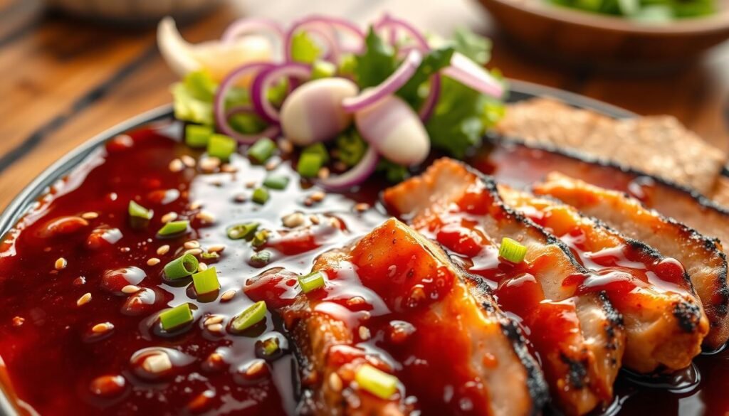 A beautifully arranged plate of Korean BBQ sauce, glistening under soft, warm lighting, takes center stage. The sauce is rich and glossy, with a deep maroon color, decorated with sesame seeds and finely chopped green onions scattered on top. In the foreground, a few deliciously grilled meats—beef and pork—are artfully presented, their juices mingling with the sauce. In the middle background, a vibrant mix of fresh vegetables, such as lettuce and sliced garlic, add a touch of freshness. A rustic wooden table provides a warm, inviting tone. The image is captured at a slight overhead angle to emphasize the delicious textures and colors of the dish, conveying a warm, inviting atmosphere that highlights the rich flavors of the Korean BBQ sauce. A beautifully arranged plate of Korean BBQ sauce, glistening under soft, warm lighting, takes center stage. The sauce is rich and glossy, with a deep maroon color, decorated with sesame seeds and finely chopped green onions scattered on top. In the foreground, a few deliciously grilled meats—beef and pork—are artfully presented, their juices mingling with the sauce. In the middle background, a vibrant mix of fresh vegetables, such as lettuce and sliced garlic, add a touch of freshness. A rustic wooden table provides a warm, inviting tone. The image is captured at a slight overhead angle to emphasize the delicious textures and colors of the dish, conveying a warm, inviting atmosphere that highlights the rich flavors of the Korean BBQ sauce.
