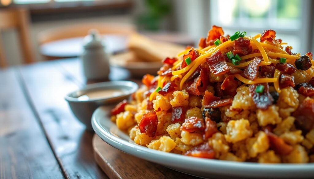 A beautifully arranged plate of bacon cheddar hash, featuring golden-brown crispy hash browns generously topped with savory crumbled bacon and melted cheddar cheese. In the foreground, the hash is presented with a sprinkle of fresh chives for added color, and a side of dipping sauce in a small bowl. The middle ground displays a soft-focus background of a cozy breakfast setting, with a rustic wooden table and soft morning light streaming in from a nearby window, creating a warm and inviting atmosphere. The image captures the appetizing texture and glistening cheese in sharp detail, shot from a slightly elevated angle to showcase the delicious layers while maintaining an inviting and homey feel.