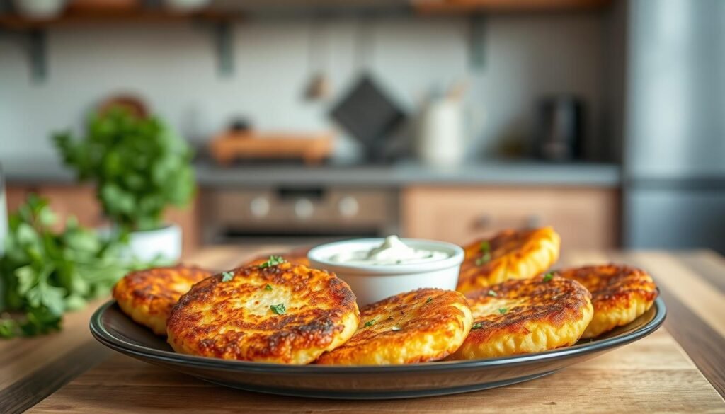 A beautifully arranged plate of crispy potato cakes, golden brown and expertly fried, is depicted in the foreground. They are garnished with a sprinkle of fresh herbs and served with a side of creamy dipping sauce, which enhances their appeal. In the middle ground, a rustic wooden table adds a touch of homey charm, while the soft lighting highlights the textures of the potato cakes, creating a mouthwatering glow. The background features a blurred kitchen setting, with soft pastel colors to evoke a warm, inviting atmosphere. This image should be shot from a slightly elevated angle, using a shallow depth of field to keep the focus on the delicious potato cakes, capturing the essence of comfort food that delights fans.