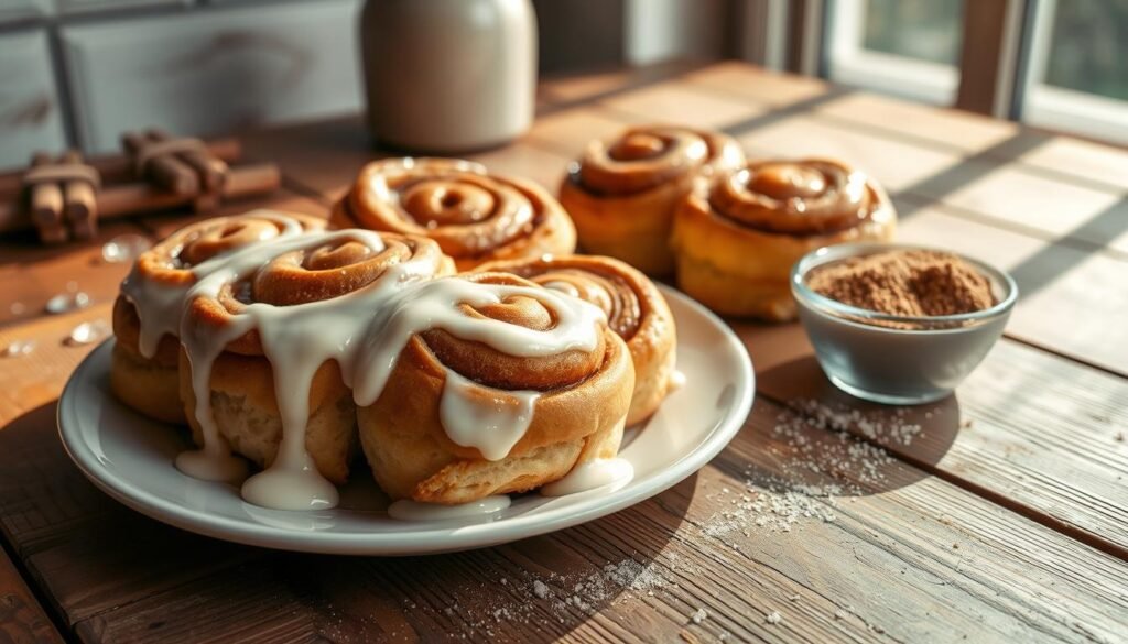 A beautifully arranged plate of freshly baked cinnamon rolls, glistening with a rich cream cheese frosting that delicately drips down the sides. In the foreground, the soft, golden-brown rolls showcase swirls of cinnamon and sugar, exuding a warm, inviting aroma. The background features a rustic wooden table, complemented by soft morning sunlight filtering through a nearby window, casting gentle shadows that enhance the textures of the rolls. A small bowl of cinnamon sugar is placed elegantly next to the plate, with a sprinkle of powdered sugar dusting the surface. The overall atmosphere is cozy and inviting, perfect for a breakfast scene, capturing the essence of indulgent pastries and sweet treats. A beautifully arranged plate of freshly baked cinnamon rolls, glistening with a rich cream cheese frosting that delicately drips down the sides. In the foreground, the soft, golden-brown rolls showcase swirls of cinnamon and sugar, exuding a warm, inviting aroma. The background features a rustic wooden table, complemented by soft morning sunlight filtering through a nearby window, casting gentle shadows that enhance the textures of the rolls. A small bowl of cinnamon sugar is placed elegantly next to the plate, with a sprinkle of powdered sugar dusting the surface. The overall atmosphere is cozy and inviting, perfect for a breakfast scene, capturing the essence of indulgent pastries and sweet treats.