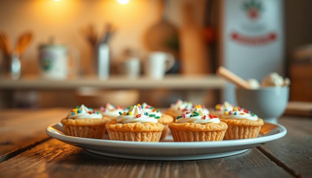 A beautifully arranged plate of mini cookie cups, each filled with rich, creamy frosting and topped with colorful sprinkles. The cookie cups have a golden-brown hue, showcasing their freshly baked texture. In the foreground, the plate is placed on a rustic wooden table, enhancing the homely feel of the scene. In the middle ground, a soft focus reveals a cozy kitchen environment with warm, ambient lighting that creates a welcoming atmosphere. Subtle kitchen utensils and ingredients can be seen in the blurred background, suggesting a baking theme. The overall mood is cheerful and inviting, perfect for a snack time setting, captured with a warm color palette. The image is shot at a slight angle to highlight the details of the cookie cups, ensuring a mouthwatering portrayal.