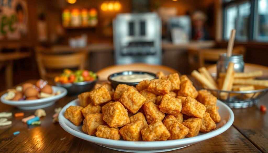 A beautifully arranged plate of pristine beaver nuggets, showcasing their unique golden-brown, crunchy texture, sits prominently in the foreground. Each nugget is shaped like small, irregular organic pieces, evoking a sense of hearty snack time. Surrounding the nuggets, a scattering of colorful snacks and a side of creamy dipping sauce enhance the visual appeal. In the middle ground, a rustic wooden table adds a warm, inviting feel, while subtle, blurred hints of a cozy, well-lit snack shop background suggest the comfort of Buc-ee's atmosphere. Soft, diffused lighting bathes the scene, creating a cheerful, nostalgic mood reminiscent of Texas road trips. The angle captures the delicious snack from a slightly elevated perspective, enticing viewers with the promise of flavorful indulgence. The overall composition should highlight the distinctiveness of this beloved treat, creating an appetizing and inviting image.