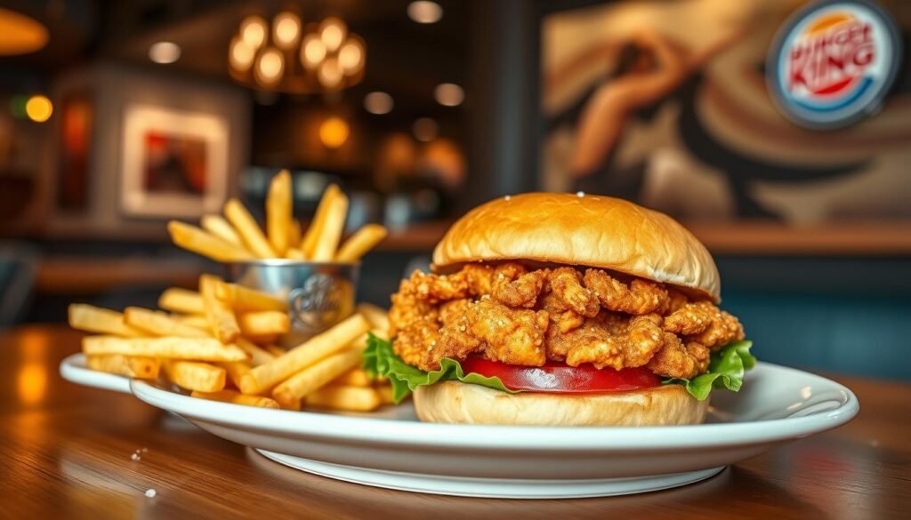 A beautifully arranged plate of royal crispy chicken, showcasing a perfectly golden-brown, crispy fried chicken sandwich in the foreground, with fresh lettuce and tomato peeking out from between the soft, toasted bun. The middle ground features a side of golden French fries sprinkled with sea salt, enhancing the meal's appeal. The background is a softly blurred out Burger King restaurant ambiance, featuring warm, inviting lighting and stylish decor. The scene is set to evoke a cozy, casual dining atmosphere. Use natural lighting to highlight the crispy texture of the chicken and the vibrant colors of the ingredients. The angle should be slightly above eye level, capturing the sandwich with a focus that draws the viewer in, creating a mouthwatering effect.