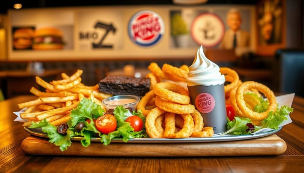 A beautifully arranged platter featuring a variety of Burger King sides and desserts, ideal for showcasing gluten-free options. In the foreground, a crispy side of French fries and a vibrant garden salad with colorful cherry tomatoes and lettuce. Beside it, a portion of onion rings and a small cup of tangy dipping sauce. In the middle, a delectable dessert selection including a rich chocolate brownie and a smooth vanilla soft-serve swirled ice cream cone. The background features a warm, inviting Burger King restaurant interior with soft lighting highlighting the food. The atmosphere is cozy and welcoming, perfect for enjoying a meal. The image is shot from a slight overhead angle, emphasizing the delightful array of foods presented on a rustic wooden table.