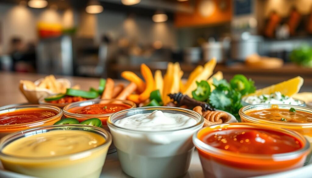 A beautifully arranged platter showcasing various flavor variations of burger sauces, with a central focus on a vibrant, zesty sauce. In the foreground, bowls filled with distinct sauces—spicy mayo, tangy barbecue, and herb-infused yogurt—offer a tantalizing display. The middle ground features fresh ingredients like sliced jalapeños, herbs, and spices, arranged artfully to highlight potential substitutions. In the background, a soft-focus view of a modern fast-food kitchen with subtle warm lighting enhances the inviting atmosphere. Use a shallow depth of field to create emphasis on the vibrant sauces and fresh ingredients, conveying a sense of culinary exploration and creativity. The overall mood should be bright and appetizing, enticing viewers with the possibilities of flavor.