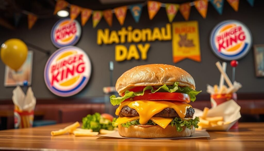 A beautifully arranged scene celebrating National Cheeseburger Day at Burger King, featuring a classic cheeseburger in the foreground, oozing melted cheese and fresh toppings like lettuce and tomato. The background displays the iconic Burger King logo and cheerful decorations, like festive balloons and colorful banners celebrating the occasion. Soft, warm lighting creates an inviting and appetizing atmosphere, highlighting the vibrant colors of the burger and surrounding elements. The shot is taken from a slightly elevated angle, emphasizing the delicious textures of the cheeseburger while capturing the joyful ambiance of the day. A cozy, casual diner setting hints at a fun, friendly gathering for burger lovers, filled with anticipation and celebration.