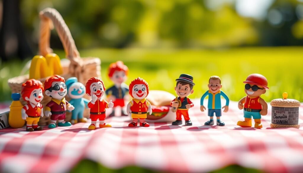 A beautifully arranged scene featuring a collection of vibrant lil McDonald's mini figurines. In the foreground, showcase the figurines in various playful poses, each representing classic McDonald's characters like Ronald, Grimace, and the Hamburglar, all crafted with intricate details and bright colors. The middle space should have a soft, blurred influence of a stylized picnic blanket, adding context and warmth to the scene. In the background, a cheerful, sunny park setting with green grass and a clear blue sky, enhancing the joyful atmosphere. The lighting should mimic a bright afternoon glow, casting gentle shadows on the figurines. Use a shallow depth of field for a dreamy effect, making the figurines stand out while still evoking a whimsical, nostalgic feel. A beautifully arranged scene featuring a collection of vibrant lil McDonald's mini figurines. In the foreground, showcase the figurines in various playful poses, each representing classic McDonald's characters like Ronald, Grimace, and the Hamburglar, all crafted with intricate details and bright colors. The middle space should have a soft, blurred influence of a stylized picnic blanket, adding context and warmth to the scene. In the background, a cheerful, sunny park setting with green grass and a clear blue sky, enhancing the joyful atmosphere. The lighting should mimic a bright afternoon glow, casting gentle shadows on the figurines. Use a shallow depth of field for a dreamy effect, making the figurines stand out while still evoking a whimsical, nostalgic feel.
