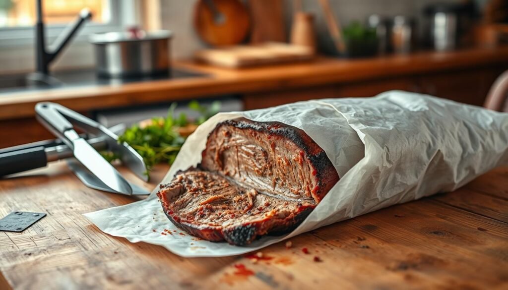 A beautifully arranged scene of a succulent brisket being wrapped in butcher paper on a rustic wooden table. In the foreground, the brisket, with its rich, smoke-infused crust and tender inner layers, is half-wrapped, showcasing its juicy texture. The middle area features BBQ utensils—tongs and a knife—alongside sprigs of fresh herbs, emphasizing the preparation process. In the background, a softly blurred kitchen setting casts warm, inviting light, adding to the cozy atmosphere. The overall mood is one of anticipation and care, illustrating the art of wrapping and resting for maximum tenderness. Soft shadows enhance the depth, with a focus on rich browns and reds that evoke the savory delights of a perfect brisket.