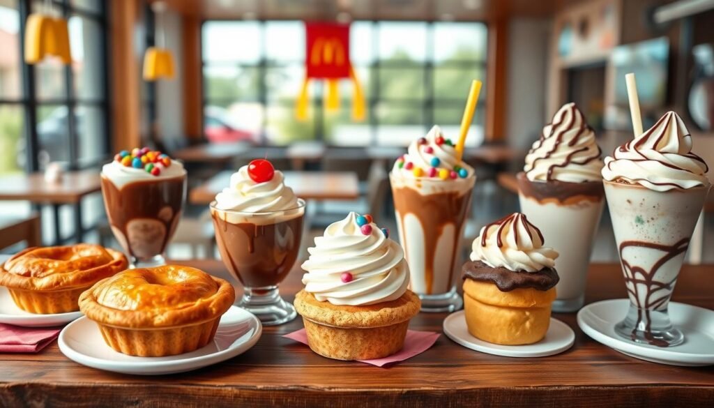 A beautifully arranged selection of McDonald's desserts, featuring an enticing display of warm apple pies, decadent chocolate sundaes topped with creamy whipped cream and a cherry, vibrant McFlurry cups mixed with colorful candy bits, and classic soft-serve cones with rich chocolate or caramel drizzle. The foreground showcases the desserts on a rustic wooden table, elegantly styled with minimalist white plates and pastel napkins. In the middle, a vibrant backdrop of a soft-focus McDonald's restaurant environment with large windows letting in natural light, creating a warm and inviting atmosphere. The overall mood is cheerful and indulgent, highlighting the sweet treats in a picturesque, mouthwatering way. The lighting is bright and soft to enhance the delicious colors, captured from a slight overhead angle to provide a complete view of the dessert selections.