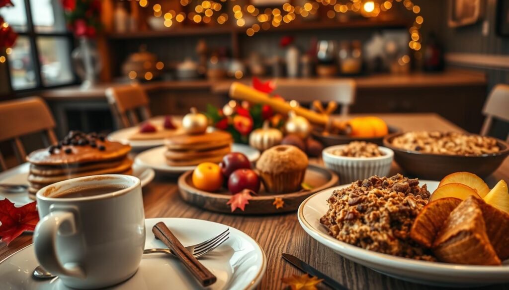 A beautifully arranged table showcasing seasonal breakfast specials, featuring a spread of autumnal dishes like pumpkin spice pancakes, cranberry-orange muffins, and spiced apple oatmeal. In the foreground, a steaming mug of cinnamon coffee sits beside a plate of vibrant seasonal fruit. The middle ground displays a rustic wooden table adorned with colorful leaves and ornaments, emphasizing the holiday theme. In the background, a cozy café atmosphere is complemented by warm, golden lighting that enhances the inviting feel. The angle captures the entire table setup as if viewed from slightly above, creating an intimate yet festive vibe. The mood is warm and welcoming, perfect for a seasonal gathering, embodying the essence of holiday breakfasts.