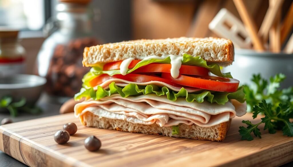 A beautifully arranged turkey breast sandwich, showcasing tender slices of juicy, lean turkey breast stacked high between two soft, toasted slices of bread. The sandwich is adorned with crisp lettuce, fresh tomato slices, and a drizzle of creamy mayonnaise, creating a vibrant contrast of colors. In the foreground, a clean wooden cutting board rests with small ingredients nearby, enhancing the culinary focus. Soft, natural lighting illuminates the sandwich, casting gentle shadows that highlight its textures and freshness. In the background, a rustic kitchen setting with blurred details of spices and utensils, contributing to a warm, inviting atmosphere. The overall mood is appetizing and inviting, perfect for a lunchtime favorite.