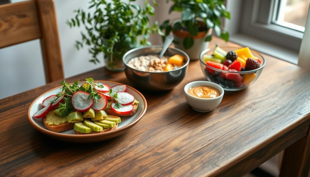 A beautifully arranged vegetarian breakfast spread on a rustic wooden table, featuring vibrant colors and appealing textures. In the foreground, a plate overflowing with avocado toast topped with radish slices and microgreens, alongside a colorful fruit bowl filled with mixed berries, mango, and kiwi. In the middle, a steaming bowl of oatmeal garnished with nuts and honey, with a small side of almond butter. Below the table, a cozy setting with soft morning light filtering through a nearby window, casting gentle shadows. The background includes a potted herb plant, adding a touch of greenery, enhancing the fresh and inviting atmosphere. The image captures a warm, welcoming mood, perfect for showcasing delicious vegetarian breakfast options.