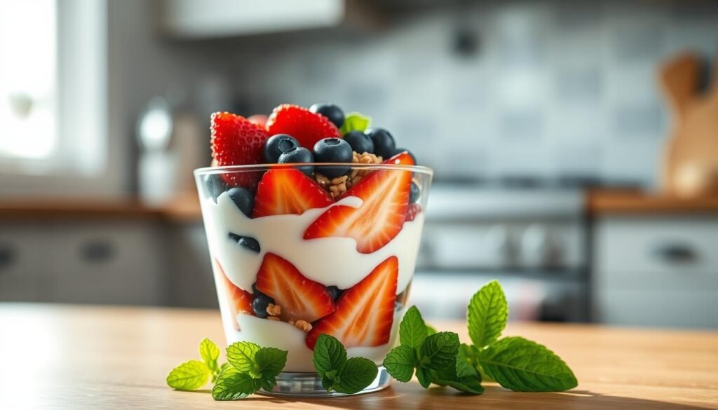 A beautifully arranged yogurt parfait in a clear glass cup, showcasing vibrant layers of creamy yogurt, fresh strawberries, blueberries, and granola. The parfait should be in the foreground, allowing the colorful ingredients to be the focal point. Soft, natural light illuminates the parfait, creating a fresh and inviting atmosphere, while a blurred kitchen countertop serves as the middle background. Green leaves of fresh mint peek out from around the base of the glass, adding a touch of freshness and color. The scene evokes a sense of health and creativity, perfect for anyone looking to customize their breakfast or snack. The angle is slightly elevated to capture the luscious textures and vibrant colors, emphasizing the appeal of this delicious treat.