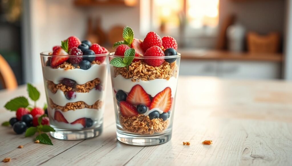 A beautifully assembled yogurt parfait, featuring layers of creamy Greek yogurt, vibrant mixed berries, and crunchy granola, arranged in a clear glass parfait cup. The foreground focuses on the parfait, showcasing the textures of the yogurt, glistening berries, and golden granola, with fresh mint leaves as a garnish. In the middle ground, a rustic wooden table with light natural wood tones complements the parfait, while a soft, blurred background hints at a cozy kitchen setting with warm sunlight filtering through a window, creating a warm and inviting atmosphere. The image captures a close-up angle, emphasizing the mouthwatering details of the parfait, with soft, diffused lighting that enhances the colors and textures, giving a wholesome and appetizing feel.