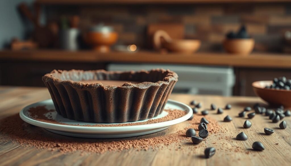 A beautifully crafted chocolate pie crust, showcasing a rich, dark brown color with a flaky texture, sits elegantly on a rustic wooden table. The pie crust is perfectly baked, with a slight sheen that catches the light, reflecting its delectable nature. In the foreground, the crust is prominently displayed on a simple white plate, adorned with cocoa powder dust sprinkled artistically around it. In the middle ground, subtle hints of chocolate chips and cocoa beans are scattered, enhancing the dessert theme. The background features a soft-focus kitchen setting with warm, inviting lighting, casting gentle shadows that create a cozy atmosphere. The overall mood of the image is indulgent and appetizing, enticing viewers to savor the chocolatey goodness. The angle captures the pie somewhat from above, emphasizing its round shape and inviting appearance.