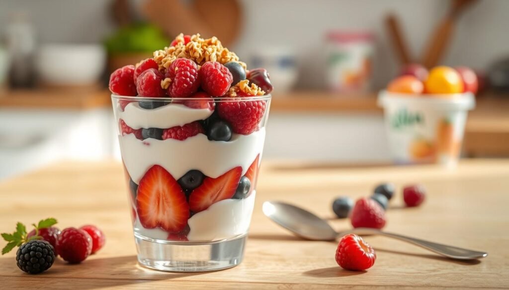 A beautifully crafted fruit yogurt parfait served in a clear glass cup, layered with creamy Greek yogurt, vibrant mixed berries, and crunchy granola on top. In the foreground, the parfait is placed on a wooden table, illuminated by soft, natural light that highlights the rich colors of the fruit and yogurt. Enhance the texture of the parfait to showcase the smoothness of the yogurt, the juiciness of the berries, and the crispiness of the granola. In the middle ground, a few loosely scattered berries and a silver spoon lie next to the parfait, suggesting a homemade touch. The background features a blurred kitchen setting, with subtle hints of fresh fruit and yogurt containers, creating a warm and inviting atmosphere. The overall mood is fresh, healthy, and appetizing, perfect for a delicious homemade treat.