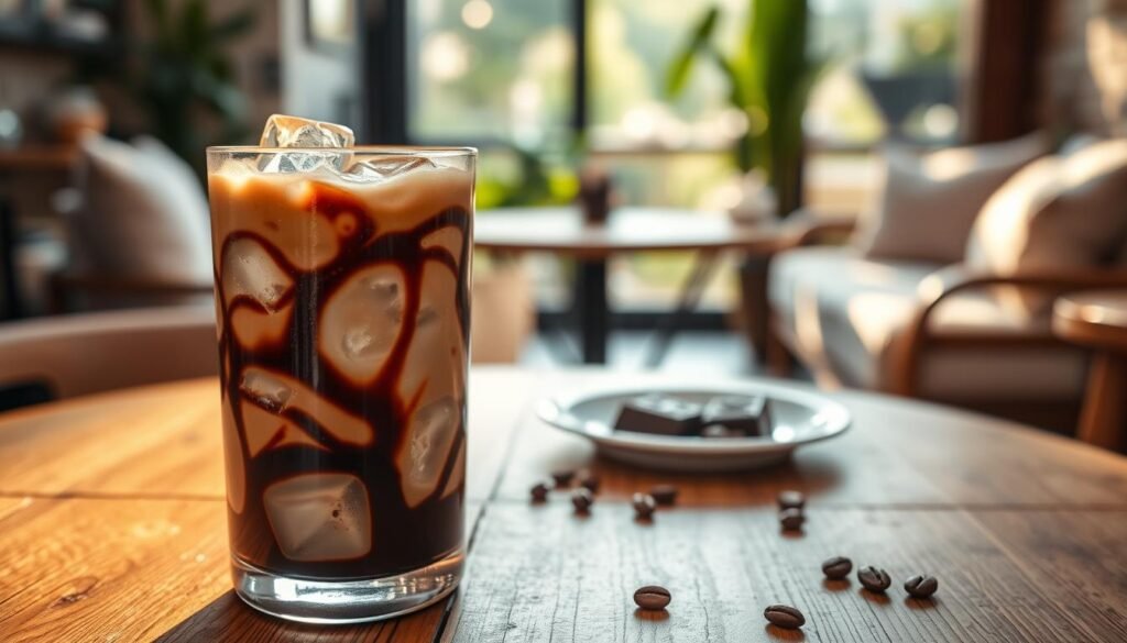 A beautifully crafted glass of mocha iced coffee sits prominently in the foreground, showcasing layers of rich, dark chocolate syrup swirling through creamy coffee. Ice cubes glisten under soft, diffused sunlight, creating an inviting sparkle. The middle ground features a stylish table with a rustic wooden texture, accompanied by subtle, blurred hints of coffee beans and a small, elegant plate of chocolate treats. In the background, a cozy café setting with soft-focus seating and greenery adds warmth and depth to the scene. The overall atmosphere is relaxed and refreshing, evoking a sense of indulgence perfect for enjoying a homemade mocha iced coffee. The image is captured with a shallow depth of field, emphasizing the drink, while warm golden hour lighting enhances the inviting mood. A beautifully crafted glass of mocha iced coffee sits prominently in the foreground, showcasing layers of rich, dark chocolate syrup swirling through creamy coffee. Ice cubes glisten under soft, diffused sunlight, creating an inviting sparkle. The middle ground features a stylish table with a rustic wooden texture, accompanied by subtle, blurred hints of coffee beans and a small, elegant plate of chocolate treats. In the background, a cozy café setting with soft-focus seating and greenery adds warmth and depth to the scene. The overall atmosphere is relaxed and refreshing, evoking a sense of indulgence perfect for enjoying a homemade mocha iced coffee. The image is captured with a shallow depth of field, emphasizing the drink, while warm golden hour lighting enhances the inviting mood.