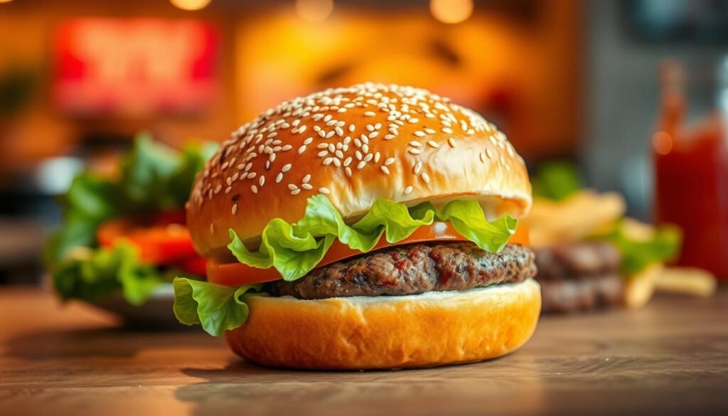 A beautifully crafted sesame seed bun, with a golden-brown, shiny surface and perfectly toasted sesame seeds adorning the top, sits prominently in the foreground. The bun is slightly cut open, showcasing its soft, pillowy interior. In the middle ground, an assortment of vibrant ingredients, including fresh lettuce, ripe tomato slices, and a juicy beef patty, adds color and depth to the composition. The background features a blurred, cozy fast-food setting, gently illuminated by warm, soft lighting, creating an inviting atmosphere. This image should be shot from a slightly elevated angle, using a shallow depth of field to emphasize the bun while keeping the surrounding elements appetizing yet unobtrusive. The overall mood conveys excitement and mouthwatering anticipation for gourmet burger creations.