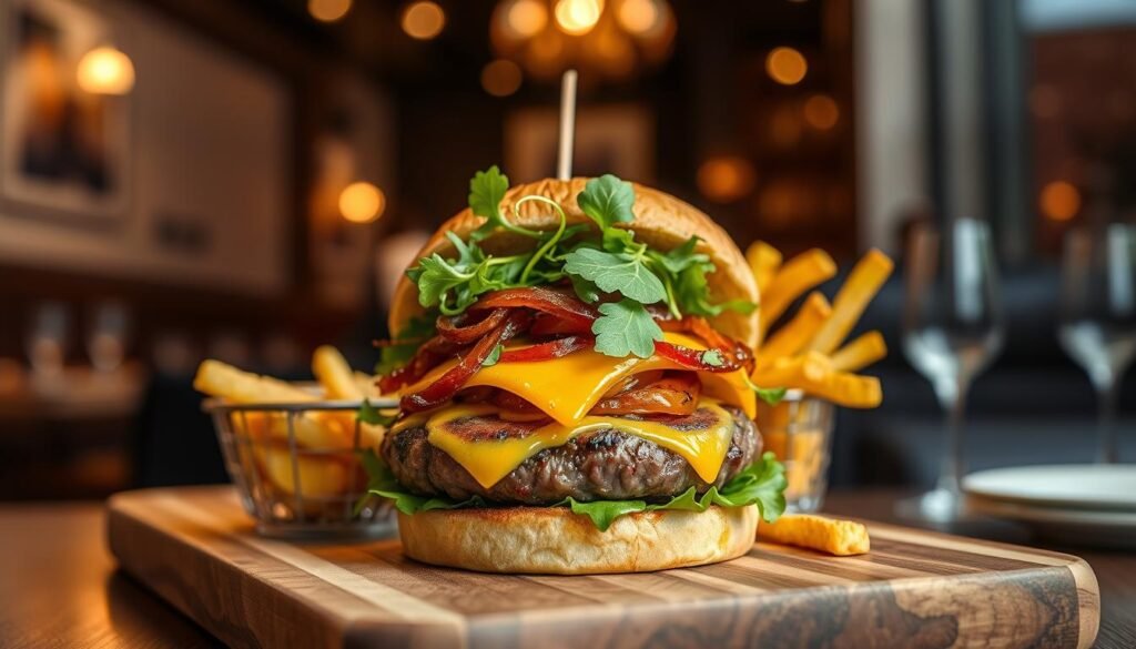 A beautifully crafted wagyu steakhouse burger, showcasing a thick, juicy patty with a rich marbling of fat, grilled to perfection. The burger is topped with melted aged cheddar cheese, fresh arugula, and tangy caramelized onions, all nestled within a toasted brioche bun. In the foreground, the burger is positioned on an elegant wooden cutting board, with a small side of crispy, golden fries. The middle background features a subtle blurred image of a cozy steakhouse interior, adorned with dim ambient lighting that casts a warm glow over the scene. Soft focus on the edges creates a sense of intimacy, emphasizing the burger’s exquisite details. The atmosphere is inviting and luxurious, inspiring hunger and appreciation for quality flavors.