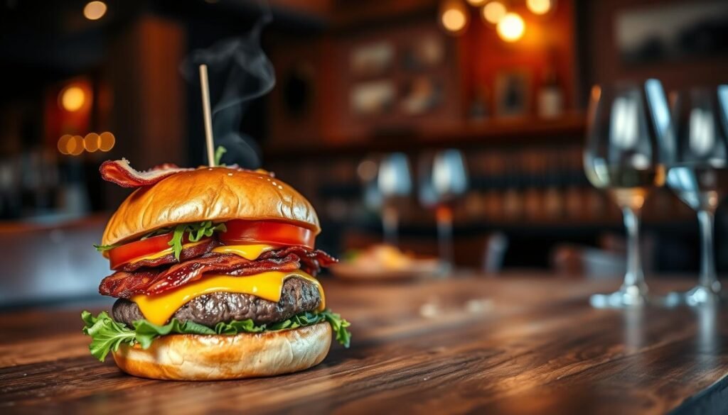 A beautifully crafted wagyu steakhouse burger sits prominently in the foreground, with its rich marbling of premium wagyu beef glistening, topped with melted aged cheddar and crispy bacon. Fresh arugula and sliced heirloom tomatoes peek out, adding vibrant color. The burger is nestled between a toasted brioche bun, lightly brushed with garlic butter. In the middle ground, a rustic wooden table enhances the earthy ambiance, with a subtle hint of smoke wafting around, suggesting a grill. The background features a softly blurred steakhouse atmosphere with warm, ambient lighting, rich wood textures, and wine glasses glimmering. The scene is captured with a shallow depth of field, creating a cozy, inviting mood that emphasizes the craftsmanship of this gourmet burger.