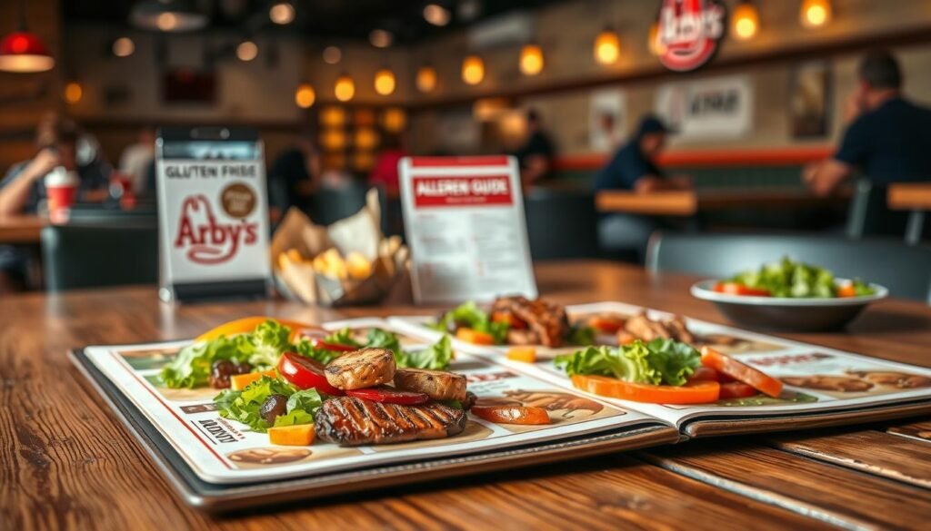 A beautifully designed gluten-free menu laid out on a rustic wooden table. In the foreground, focus on the menu, elegantly arranged with a variety of enticing gluten-free options, such as crisp salads, grilled meats, and vibrant vegetables, all artfully presented. In the middle, a soft, blurred image of an official Arby's allergen guide subtly implying the connection to dining choices. The background features a cozy fast-food restaurant setting, with warm, inviting lighting and a hint of other customers enjoying their meals. A shallow depth of field emphasizes the menu while creating a comfortable and informative atmosphere, ideal for readers examining gluten-free options. Use natural light to enhance the appeal of the food and setting.
