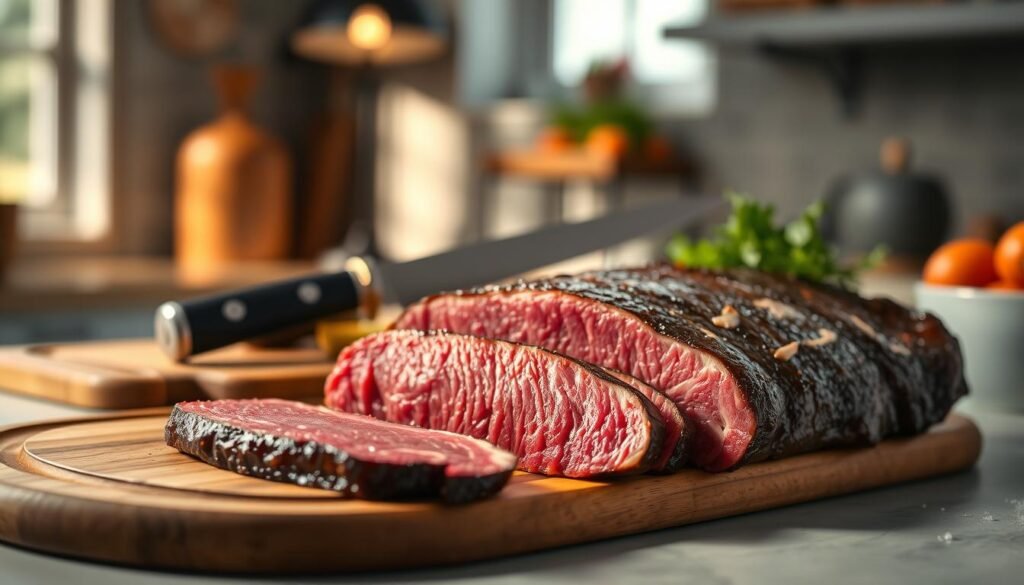 A beautifully marbled cut of American Wagyu beef showcased prominently in the foreground, freshly sliced to reveal its rich, velvety texture and deep red color. The beef is glistening with a hint of moisture, with delicate intramuscular fat marbling that hints at its juiciness. In the middle ground, a wooden cutting board accompanies a high-end chef's knife, suggesting the craftsmanship involved in its preparation. The background features a softly blurred kitchen environment with warm lighting, enhancing the gourmet atmosphere. Natural light filters in from a nearby window, casting gentle shadows and highlighting the luxurious quality of the Wagyu. The image conveys sophistication and culinary excellence, inviting the viewer to appreciate the artistry of gourmet cooking without any text or distractions.