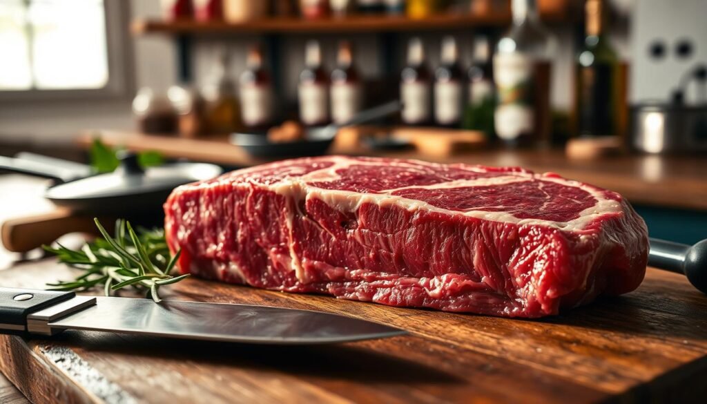 A beautifully marbled piece of wagyu beef on a rustic wooden cutting board, showcasing its rich, buttery texture and glistening fat. In the foreground, a close-up view highlights the intricate patterns of the marbling, with a sharp knife and rosemary sprigs beside it to enhance the gourmet appeal. In the middle ground, a warm, softly lit kitchen setting with cast-iron pans and fresh herbs creates a cozy atmosphere. The background features blurred kitchen shelves stocked with gourmet spices and oils, suggesting culinary artistry. The lighting is warm and inviting, with gentle shadows enhancing the beef's luxurious appearance. The mood is elegant yet approachable, ideal for inspiring viewers about the sophistication of wagyu beef.