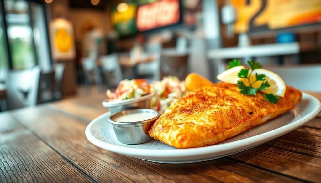 A beautifully plated crispy fish fillet, golden brown and perfectly fried, sits prominently in the foreground, garnished with fresh parsley and a lemon wedge. The fillet is served on a textured white plate, which contrasts elegantly against a rustic wooden table. In the middle ground, a vibrant coleslaw with bright colors adds a pop of freshness, while a small bowl of tartar sauce complements the dish. In the background, a softly blurred fast food restaurant environment suggests a casual dining atmosphere, complete with subtle lighting that highlights the dish's crispy texture. The image captures a warm, inviting mood, focusing solely on the appetizing seafood offering while conveying a sense of comfort and indulgence.