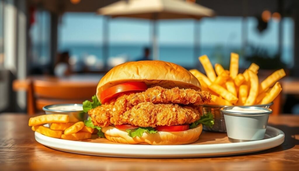 A beautifully plated, crispy fish sandwich sits in the foreground, showcasing a golden-brown breaded fish fillet nestled between two fluffy, lightly toasted brioche buns. Fresh lettuce and ripe tomato slices peek out from the sides, adding a vibrant contrast of color. Accompanying the sandwich, a small side of golden fries is artfully arranged on a rustic wooden table, with a creamy tartar sauce in a dipping cup. The middle ground features a soft-focus glimpse of a sunny outdoor setting, perhaps a seaside patio or a cozy diner, to evoke a seasonal seafood vibe. The lighting is warm and inviting, reminiscent of a late afternoon, highlighting the textures of the sandwich and fries. The angle captures the entire dish at a slight tilt, making it visually appealing and mouthwatering.