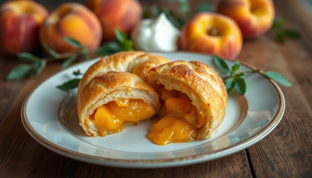 A beautifully plated peach cobbler roll, golden-brown and delicately flaky, oozing with warm, sweet peach filling. In the foreground, the roll is sliced in half to showcase the luscious interior, nestled on a rustic wooden table. In the middle background, a small scoop of vanilla ice cream melts slightly, adding a rich contrast. Surrounding the plate, a few fresh peaches and sprigs of mint create a vibrant, inviting composition. Soft, warm lighting casts a cozy glow, enhancing the mouthwatering appeal of the dessert. The angle is slightly above the table, providing a perfect view of the textural details of the cobbler and the inviting ambiance of a casual dining setting. The overall mood is warm, inviting, and indulgent, perfect for dessert lovers.