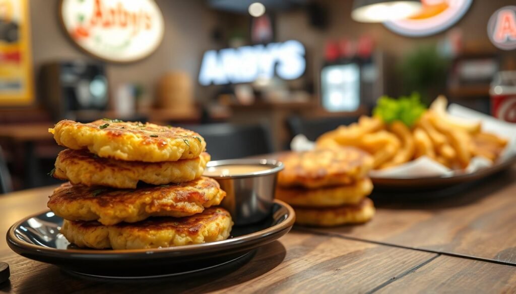 A beautifully plated serving of Arby's potato cakes, stacked and golden brown, crispy on the outside and soft on the inside. In the foreground, showcase a few potato cakes with a light sprinkle of herbs, served with a small bowl of tangy dipping sauce. The middle ground should feature additional potato cakes arranged elegantly on a rustic wooden table, emphasizing their texture and appeal. In the background, softly blurred, include elements of a cozy fast-food setting with warm lighting and vibrant colors, creating an inviting atmosphere. Use a close-up angle with a shallow depth of field to draw attention to the potato cakes. The mood should be warm and appetizing, sparking cravings and nostalgia.