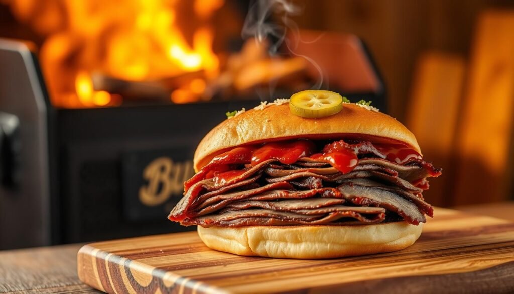 A beautifully presented Buc-ee's brisket sandwich sits prominently in the foreground, showcasing layers of smoky, perfectly sliced brisket nestled between a soft, toasted bun. Juicy BBQ sauce glistens on the meat, and a sprinkle of pickles adds a vibrant contrast. Surrounding the sandwich, a rustic wooden cutting board adds an authentic touch, with wisps of aromatic smoke gently curling up. In the middle ground, a backdrop of a warm, inviting BBQ pit can be seen, with glowing embers and pieces of wood indicating the smoking process. The lighting is warm and golden, creating a cozy atmosphere reminiscent of a Texas BBQ. The image is captured from a slightly elevated angle, inviting the viewer to savor the visual delight of this culinary masterpiece, evoking the essence of comfort food and the mastery of smoking techniques.