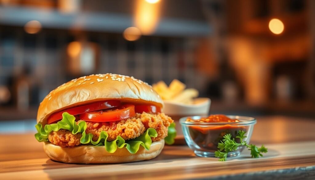 A beautifully presented crispy chicken sandwich sits prominently in the foreground, showcasing a perfectly golden-brown, crispy chicken fillet, garnished with vibrant green lettuce and slices of fresh tomato. The sandwich is lightly toasted, with sesame seeds adorning the bun. In the middle ground, a small bowl of spicy dipping sauce, adorned with chili flakes, complements the sandwich, hinting at the flavor explosion within. The background features a soft-focus kitchen setting, with warm, inviting lighting illuminating the scene and creating an appetizing ambiance. The angle is slightly elevated, capturing the textures of the food while evoking a sense of indulgence and excitement, drawing the viewer into the savory experience. A beautifully presented crispy chicken sandwich sits prominently in the foreground, showcasing a perfectly golden-brown, crispy chicken fillet, garnished with vibrant green lettuce and slices of fresh tomato. The sandwich is lightly toasted, with sesame seeds adorning the bun. In the middle ground, a small bowl of spicy dipping sauce, adorned with chili flakes, complements the sandwich, hinting at the flavor explosion within. The background features a soft-focus kitchen setting, with warm, inviting lighting illuminating the scene and creating an appetizing ambiance. The angle is slightly elevated, capturing the textures of the food while evoking a sense of indulgence and excitement, drawing the viewer into the savory experience.