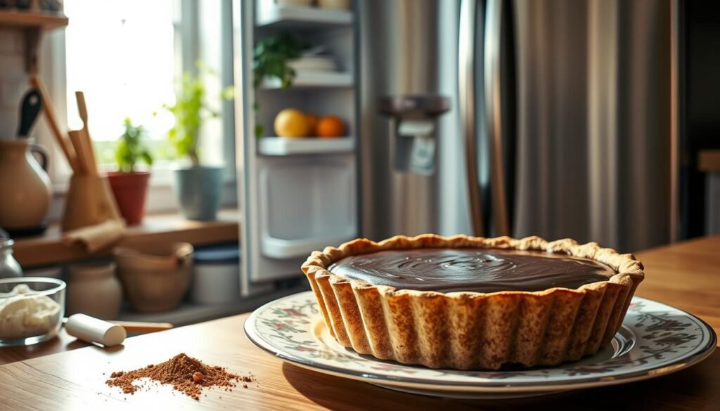 A beautifully presented kitchen scene featuring a freshly baked chocolate pie being carefully placed inside an elegant, stainless steel refrigerator. In the foreground, the pie sits on a decorative plate, rich dark chocolate filling glistening under soft, warm lighting, accentuating its creamy texture. Surrounding the pie, kitchen utensils and ingredients, like cocoa powder and butter, hint at the homemade process. In the middle ground, the refrigerator door is open, displaying organized shelves with containers and fresh produce, emphasizing a clean and tidy kitchen environment. The background showcases subtle kitchen decor, including a herb garden on the windowsill, creating a cozy and inviting atmosphere. The image is lit naturally, with a focus on warm tones to evoke a sense of comfort and homemade goodness.