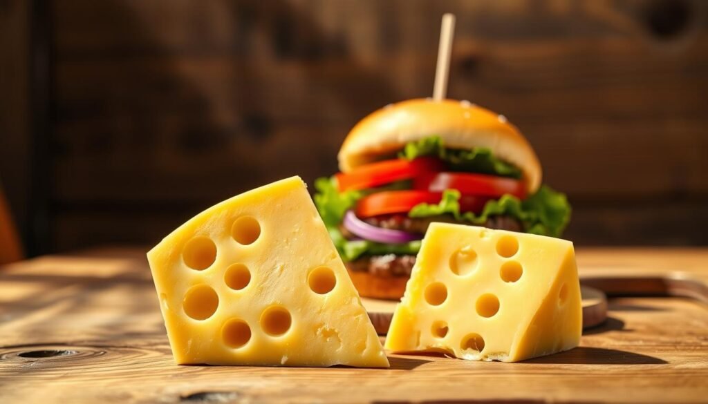 A beautifully stylized piece of Swiss cheese, prominently featured in the foreground, showcasing its classic holes and rich, creamy yellow color. The middle ground features an appetizing depiction of a burger with the Purple Whopper, garnished with vibrant lettuce and tomatoes, enhancing the visual contrast. In the background, a soft-focus image of a rustic wooden table sets a cozy and inviting atmosphere, with natural light casting gentle shadows to create depth. The overall mood is playful yet sophisticated, evoking a sense of curiosity about the unique flavor experience. The photo should capture a bird's-eye view, detailed textures of the cheese and burger ingredients, with a warm color palette to emphasize richness. A beautifully stylized piece of Swiss cheese, prominently featured in the foreground, showcasing its classic holes and rich, creamy yellow color. The middle ground features an appetizing depiction of a burger with the Purple Whopper, garnished with vibrant lettuce and tomatoes, enhancing the visual contrast. In the background, a soft-focus image of a rustic wooden table sets a cozy and inviting atmosphere, with natural light casting gentle shadows to create depth. The overall mood is playful yet sophisticated, evoking a sense of curiosity about the unique flavor experience. The photo should capture a bird's-eye view, detailed textures of the cheese and burger ingredients, with a warm color palette to emphasize richness.