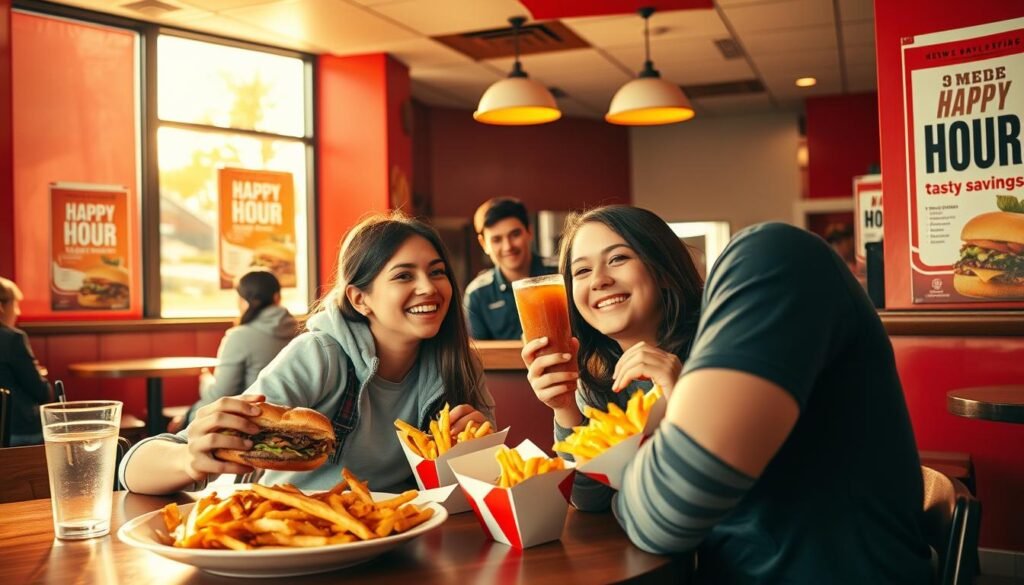 A bright and inviting Arby’s interior during happy hour, showcasing a welcoming atmosphere. In the foreground, a cheerful young couple in casual attire enjoys their delicious meals, sharing a large Arby’s sandwich and crispy fries. In the middle, a friendly staff member serves refreshing beverages at the counter. The background features vibrant red and brown decor, with enticing promotional posters of happy hour deals on the walls. Warm, natural lighting filters through the windows, casting a golden hue across the dining area. The overall mood is relaxed and joyful, inviting patrons to enjoy tasty savings during this special hour. The angle captures the joyful interaction between customers and staff, emphasizing the sense of community.
