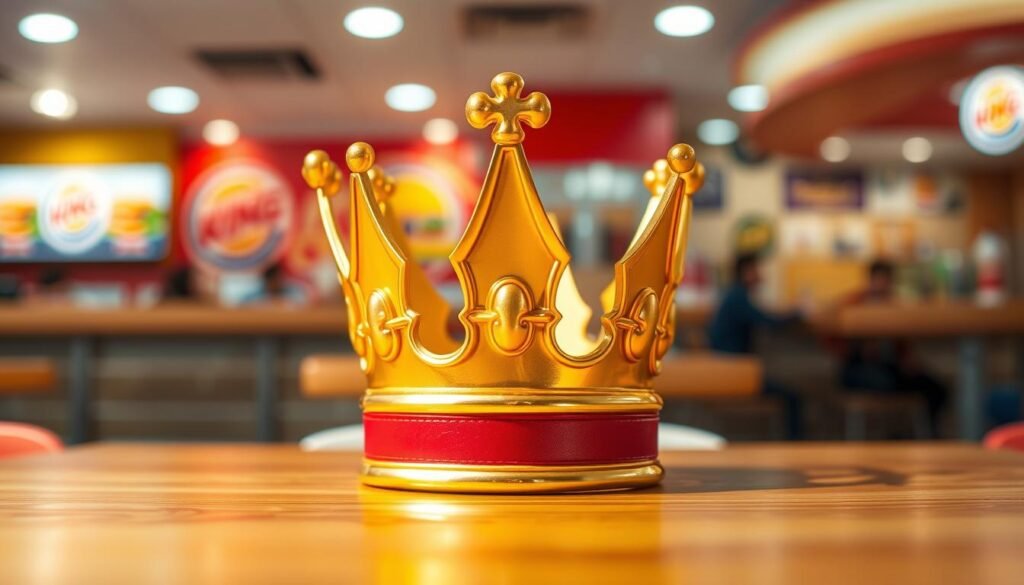 A bright and vivid depiction of a Burger King crown prominently featured in the foreground, designed in gold with shiny accents to reflect its royal theme. The crown sits atop a polished wooden table, creating a sense of warmth and inviting allure. In the middle ground, slightly out of focus, an inconspicuous fast-food restaurant ambiance hints at the Burger King's interior, with colorful decor and subtle shapes of customers enjoying their meals. The background features soft, diffused lighting to evoke a friendly and cheerful atmosphere, with a playful blur that adds depth. The lens is directed at a slight downward angle, giving prominence to the crown while ensuring the surrounding context is understood. The overall mood is whimsical and light-hearted, encapsulating a fun dining experience.