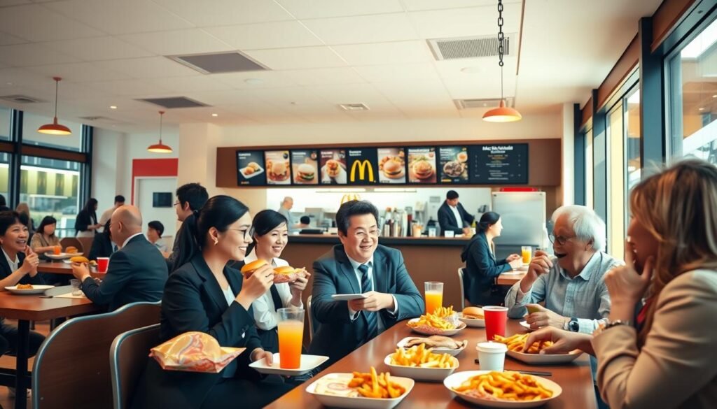 A bright, bustling McDonald's restaurant during lunch hours, showing customers enjoying their meals. In the foreground, a diverse group of people in professional business attire and casual clothing sit at a large table, engaging in lively conversations with trays filled with burgers, fries, and drinks. In the middle ground, a friendly staff member wearing a McDonald's uniform is serving food at the counter, with a menu board visible in the background displaying the lunch menu items. The atmosphere is lively and inviting, with warm, natural lighting streaming through large windows, creating a cozy midday ambiance. The image captures the essence of community and the joy of lunch, framed from a wide-angle perspective to emphasize the bustling environment.