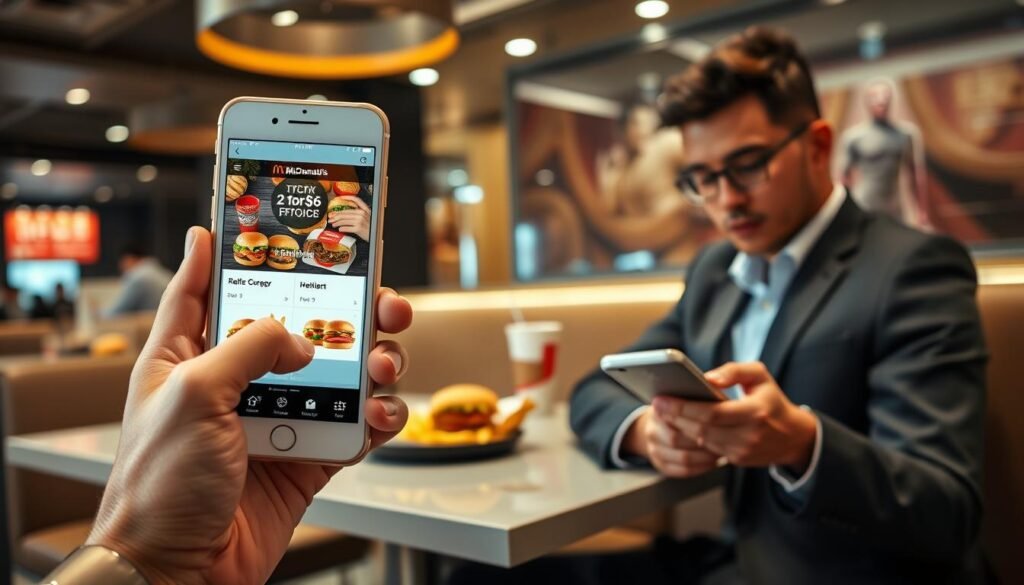 A bright, modern smartphone displaying a mobile ordering app interface for fast food, prominently featuring a screen showing a tempting McDonald's 2 for $6 offer. In the foreground, a well-dressed individual, casually browsing the app, with a focused expression, sitting in a cozy fast-food restaurant environment. The middle ground showcases a sleek table with a tray of McDonald's items like burgers and fries, hinting at a delightful meal. The background features a stylish decor of the restaurant, with soft lighting that creates a warm and inviting atmosphere. The photo is taken from a slight overhead angle, emphasizing both the app and the freshly served food, capturing the convenience and excitement of mobile ordering.