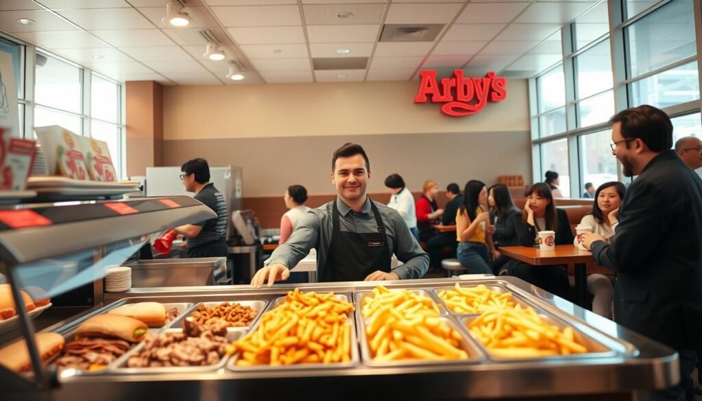 A bustling Arby's restaurant during lunch hours, capturing the essence of mid-afternoon service. In the foreground, a well-organized counter displaying fresh, appetizing Arby's menu items like classic roast beef sandwiches and curly fries. In the middle, a professional staff member in a clean uniform, preparing orders with a smile, while a diverse group of customers at the counter watches eagerly. The background shows cozy seating areas with patrons enjoying their meals, some chatting while others are focused on their food. Soft natural lighting streams in through large windows, creating a warm and inviting atmosphere. The angle is slightly elevated to reveal the dynamic lunch scene, emphasizing the vibrant energy of the restaurant.