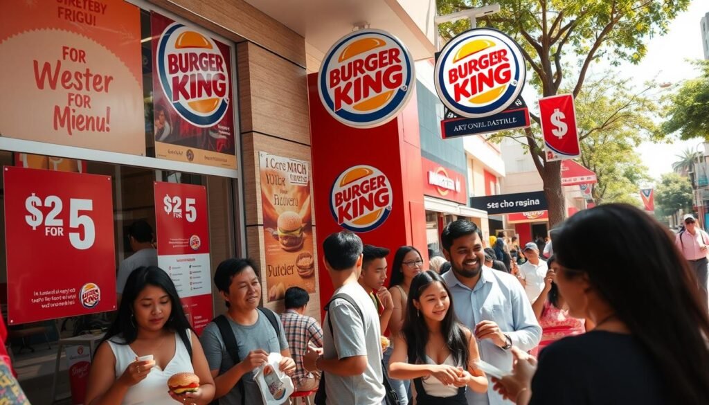 A bustling Burger King location in an urban setting, showcasing various promotional signs for the "$2 for $5 Menu," strategically displayed in the windows and on exterior banners. In the foreground, a diverse group of customers, dressed in casual yet tidy clothing, are engaged in conversation while enjoying their meals. The middle ground features the iconic Burger King signage, with the restaurant's logo prominently displayed. The background reveals a lively street scene with nearby shops, trees, and people walking by. The lighting is bright and inviting, simulating a sunny afternoon. The angle captures the vibrancy of the location from slightly below eye level, conveying a sense of accessibility and community, emphasizing the regional variations in promotions across different establishments.