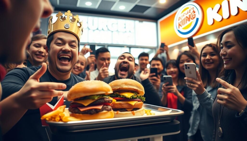 A bustling Burger King restaurant scene where a jubilant man wearing a Burger King crown and a signature hat is caught mid-laughter, surrounded by excited customers taking photos. The foreground showcases a beautifully crafted burger on a tray, with golden fries next to it. The middle ground features animated patrons, all in casual attire, some with smartphones recording the moment, their expressions filled with joy. In the background, the fast-food restaurant's vibrant branding is visible, with warm, inviting lighting illuminating the atmosphere. A wide-angle view captures the lively energy, showcasing the fascinating blend of excitement and amusement, creating a nostalgic yet uplifting mood.